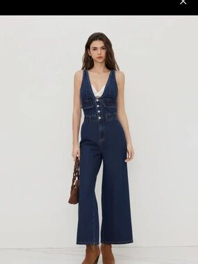 Cider Women’s Dark Blue Denim Wide-Leg Jumpsuit